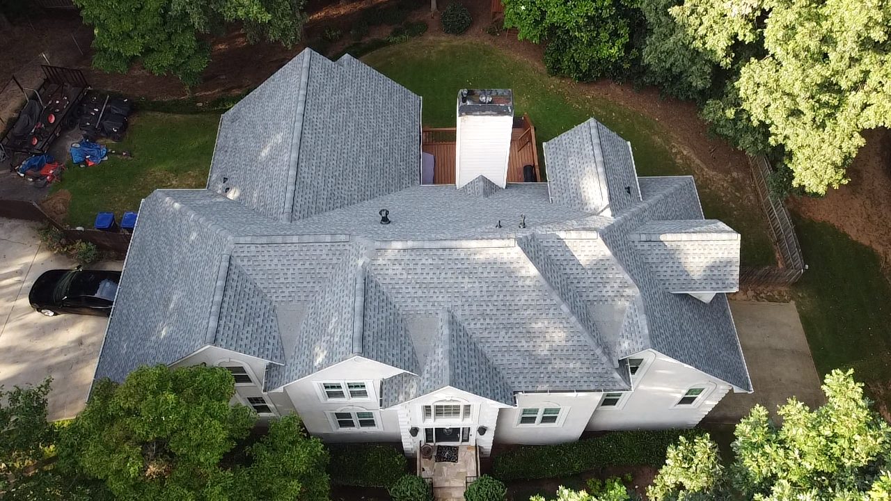 Completed residential roof aerial view