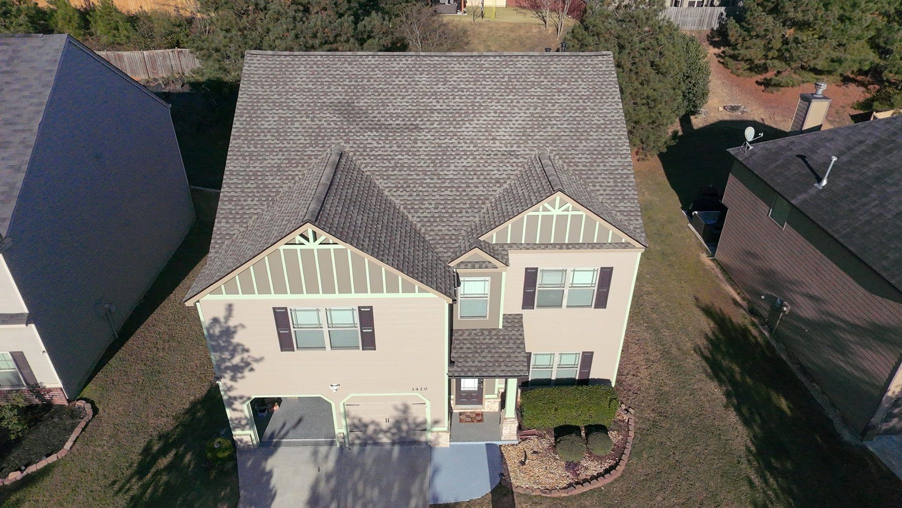 Residential roof replacement aerial view