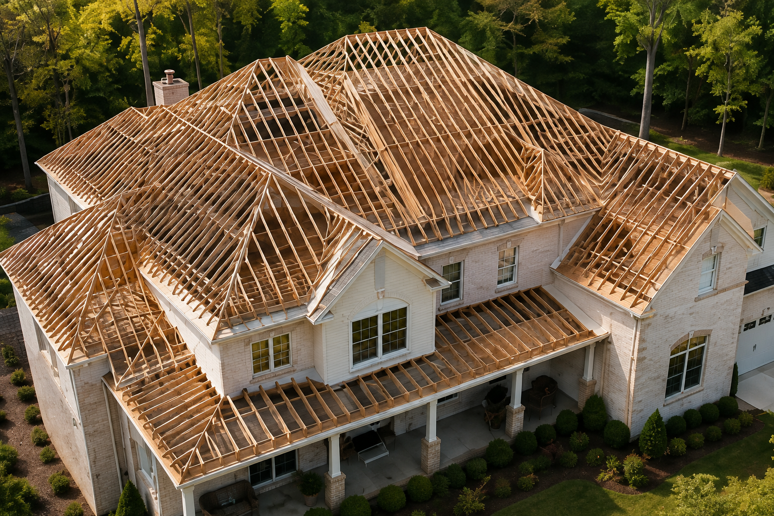 Illustrative framing stage of a premium home's roof